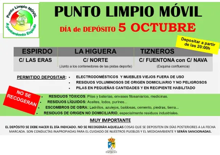 Aviso: El Punto Limpio de Espirdo modifica su horario en octubre