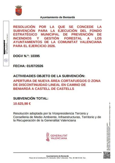 Generalitat Valenciana financia nueva área cortafuegos entre Beniardà y Castell de Castells