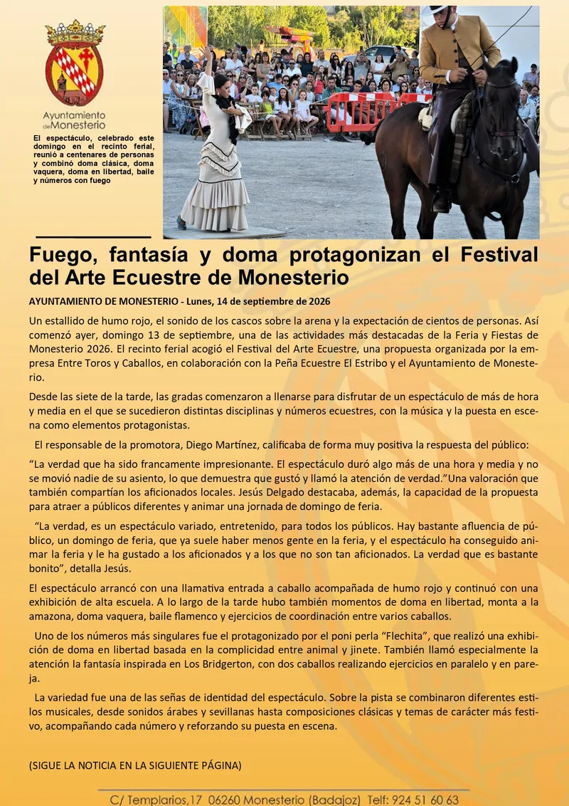 Monesterio celebra el Festival del Arte Ecuestre con espectáculos de fuego y doma