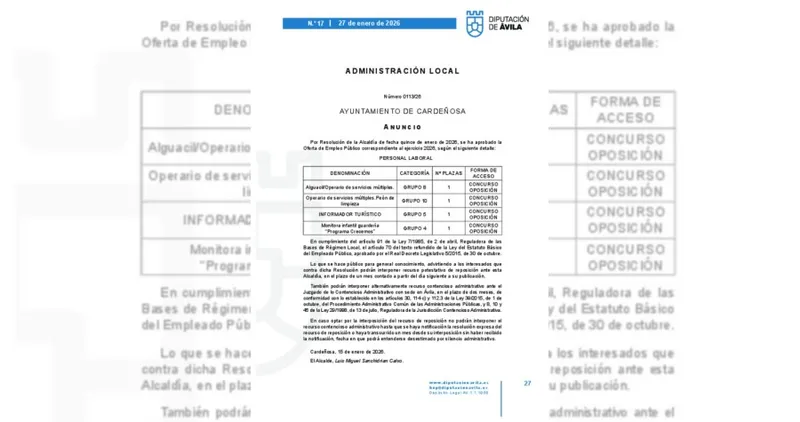 Cardeñosa publica la Oferta de Empleo Público para 2026