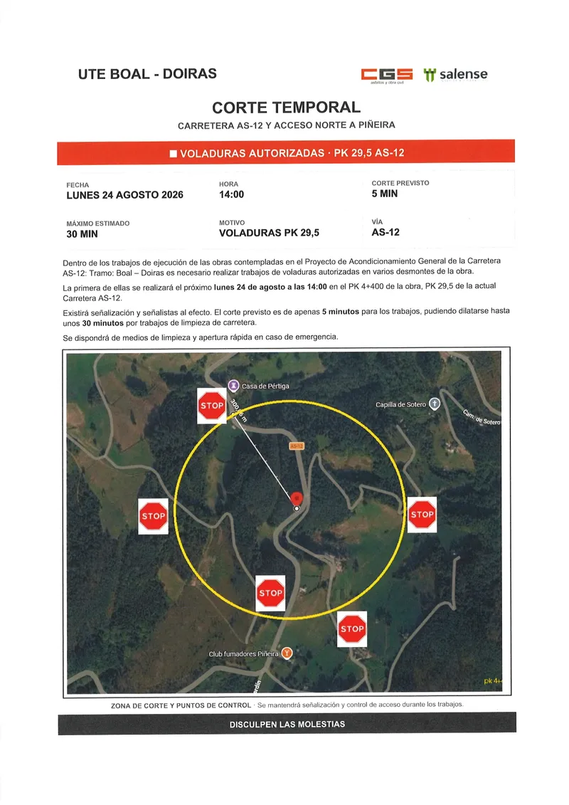 Corte de la AS-12 en Boal este lunes por trabajos de voladura