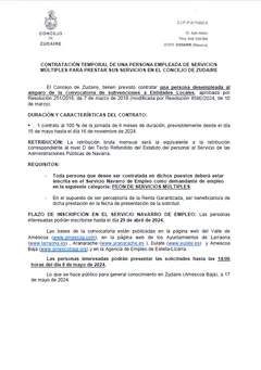 Zudaire busca un empleado de servicios múltiples a jornada completa durante seis meses