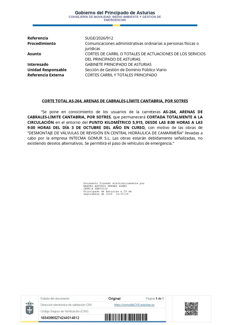 Corte total en la AS-264 entre Arenas de Cabrales y el límite con Cantabria por obras en Sotres