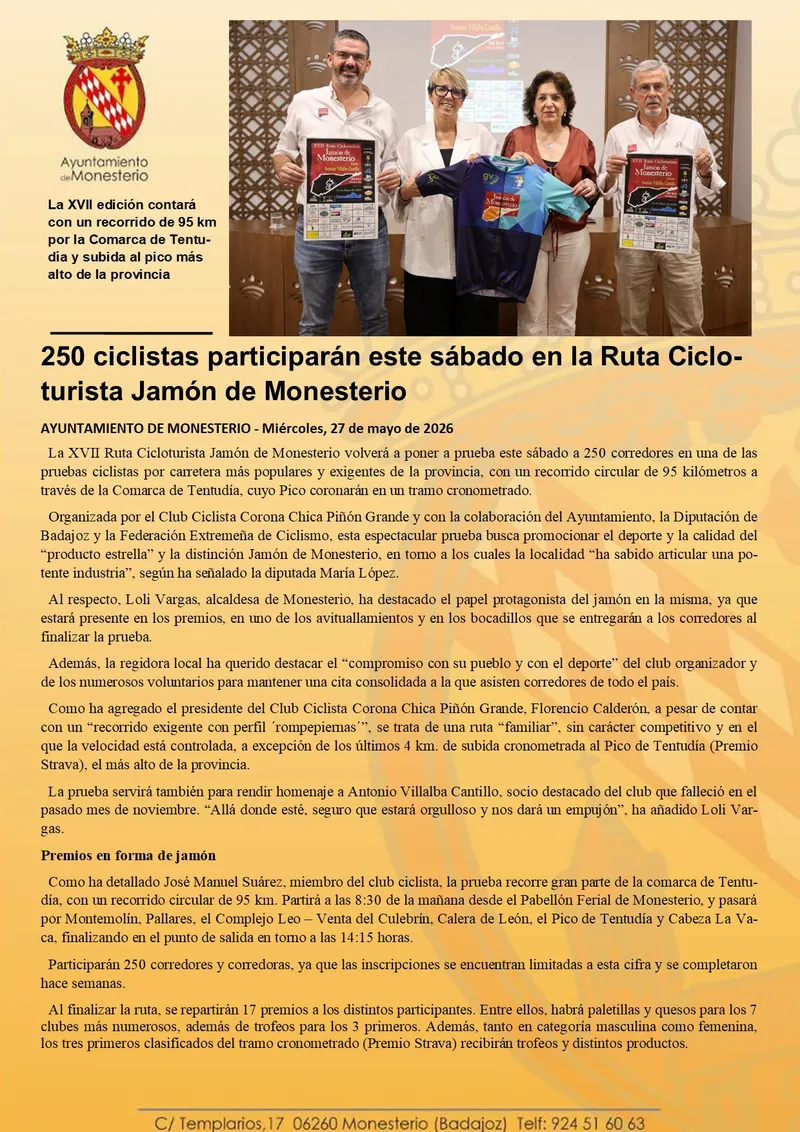 Monesterio acoge la Ruta Cicloturista Jamón con 250 participantes