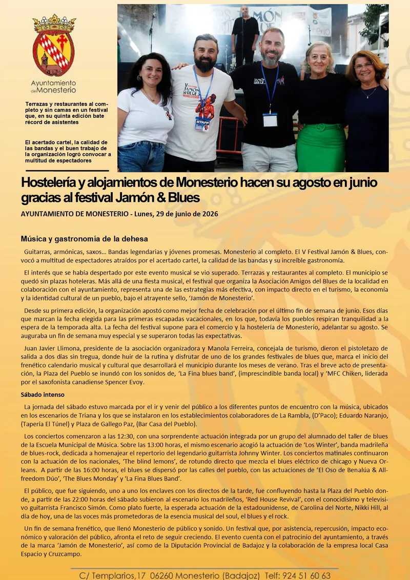 El festival Jamón & Blues impulsa la hostelería y el alojamiento en Monesterio