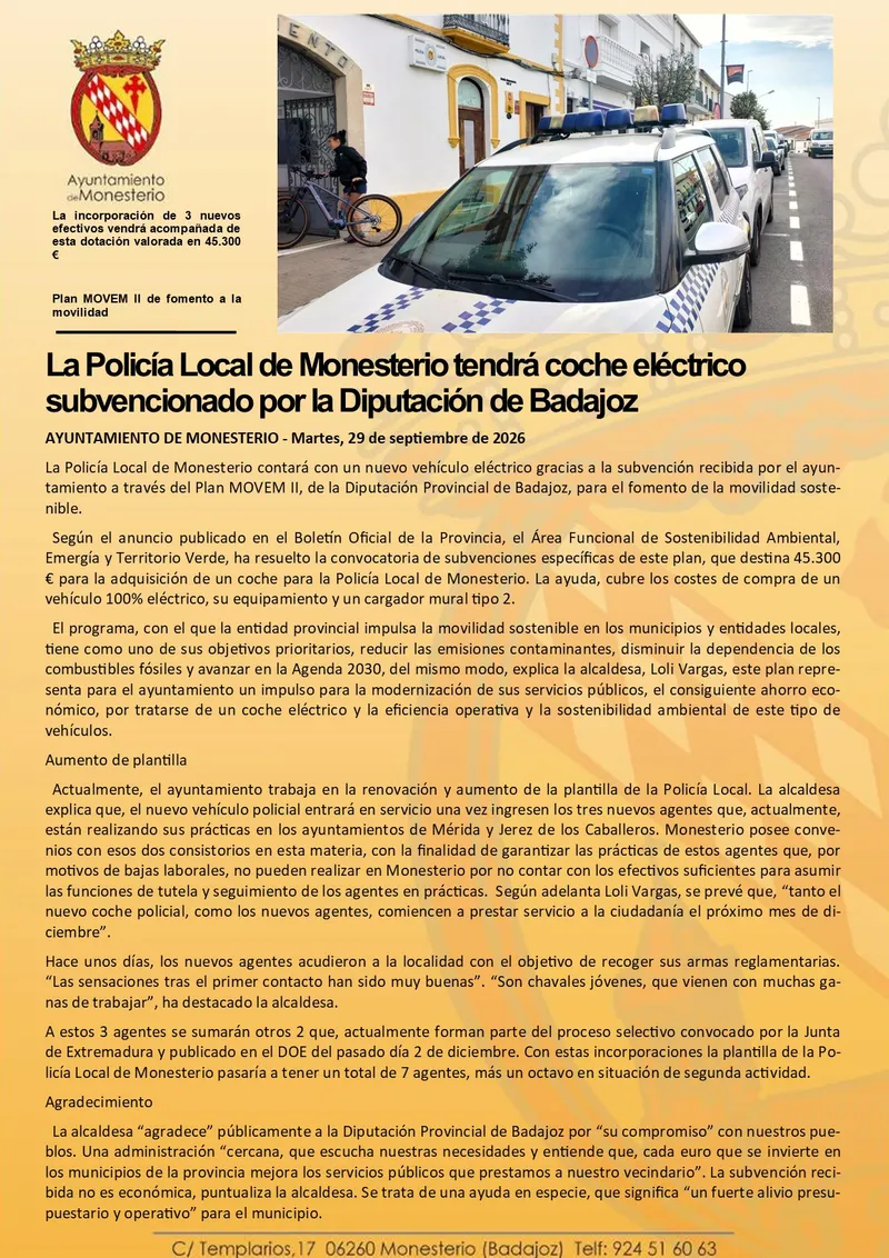 Monesterio incorpora un coche eléctrico a la Policía Local gracias a una subvención provincial
