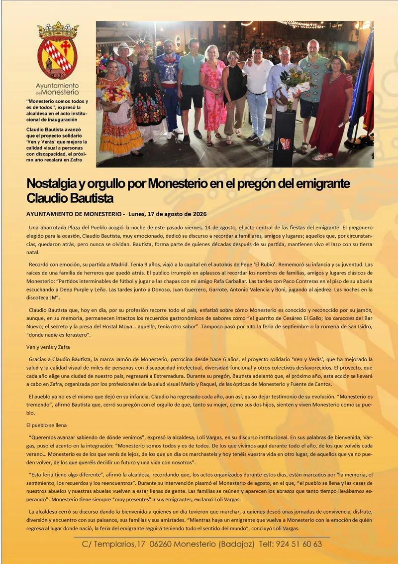 Claudio Bautista evoca la nostalgia y el orgullo en el pregón del emigrante de Monesterio