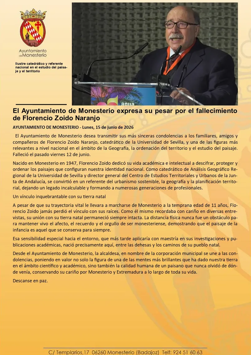Monesterio lamenta el fallecimiento de Florencio Zoido Naranjo