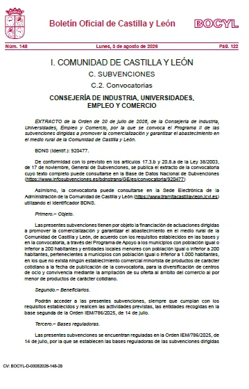 Castilla y León lanza ayudas de 100.000€ para revitalizar el comercio en pueblos de menos de 200 habitantes