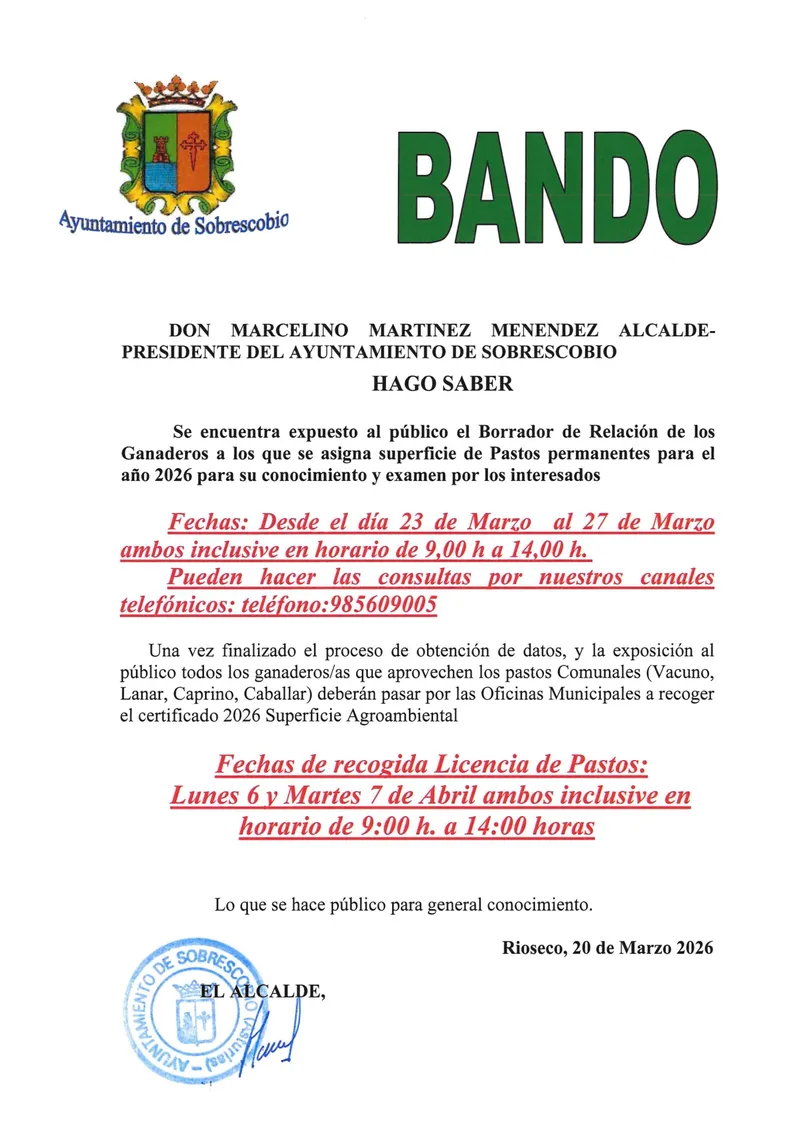 Sobrescobio abre el plazo para alegaciones al borrador de licencias de pastos de 2026