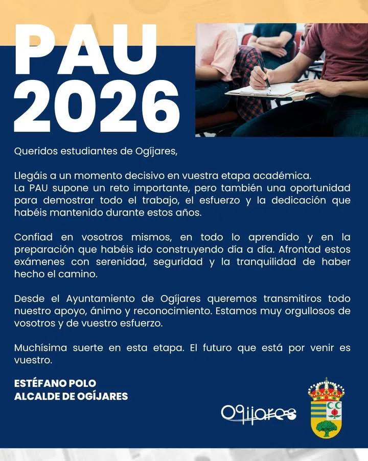 El alcalde de Ogíjares anima a los estudiantes ante las pruebas de acceso a la universidad