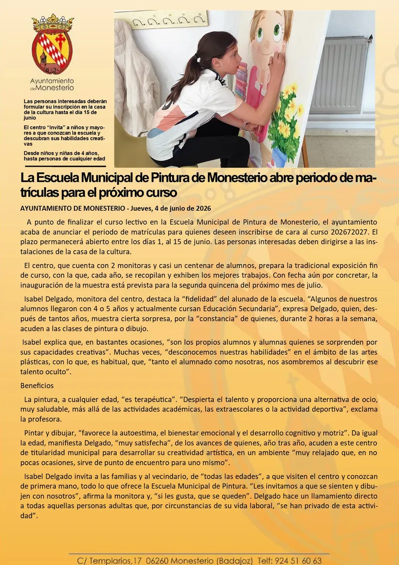 La Escuela Municipal de Pintura de Monesterio abre el plazo de matrícula para el nuevo curso