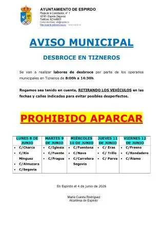 Aviso de desbroce en la zona de La Higuera en Espirdo