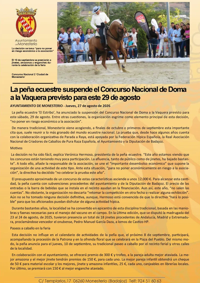 La peña ecuestre suspende el Concurso Nacional de Doma a la Vaquera