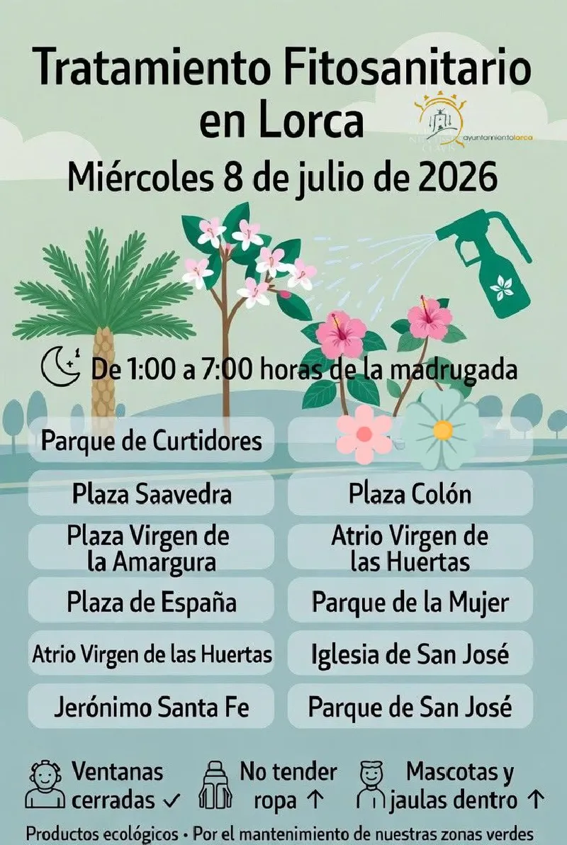 Lorca fumigará zonas verdes de madrugada con productos ecológicos