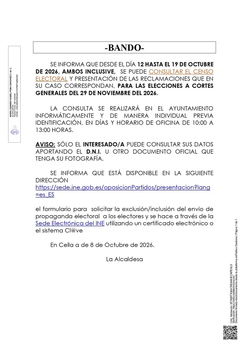 Cella abre el plazo para consultar el censo electoral hasta el 19 de mayo