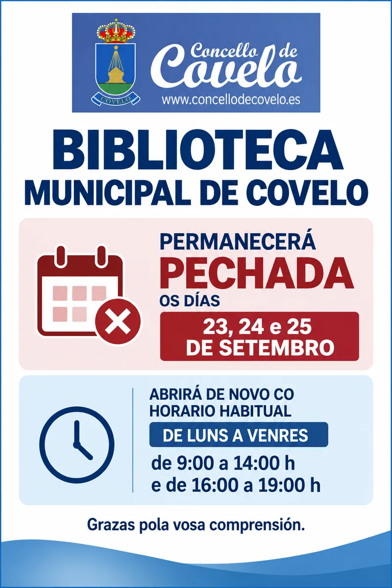 La Biblioteca Municipal de Covelo cierra temporalmente del 23 al 25 de septiembre