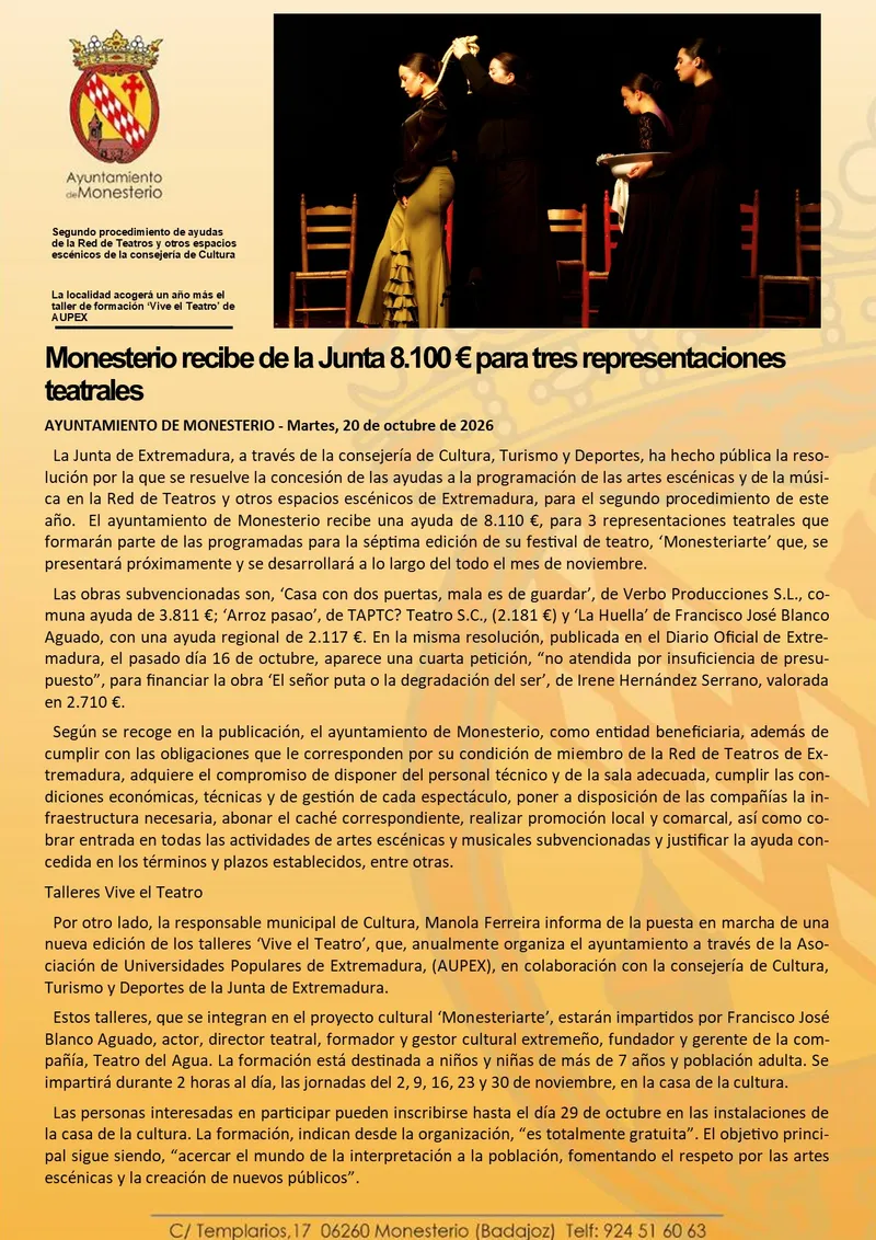 La Junta destina 8.100 euros a Monesterio para tres espectáculos de teatro
