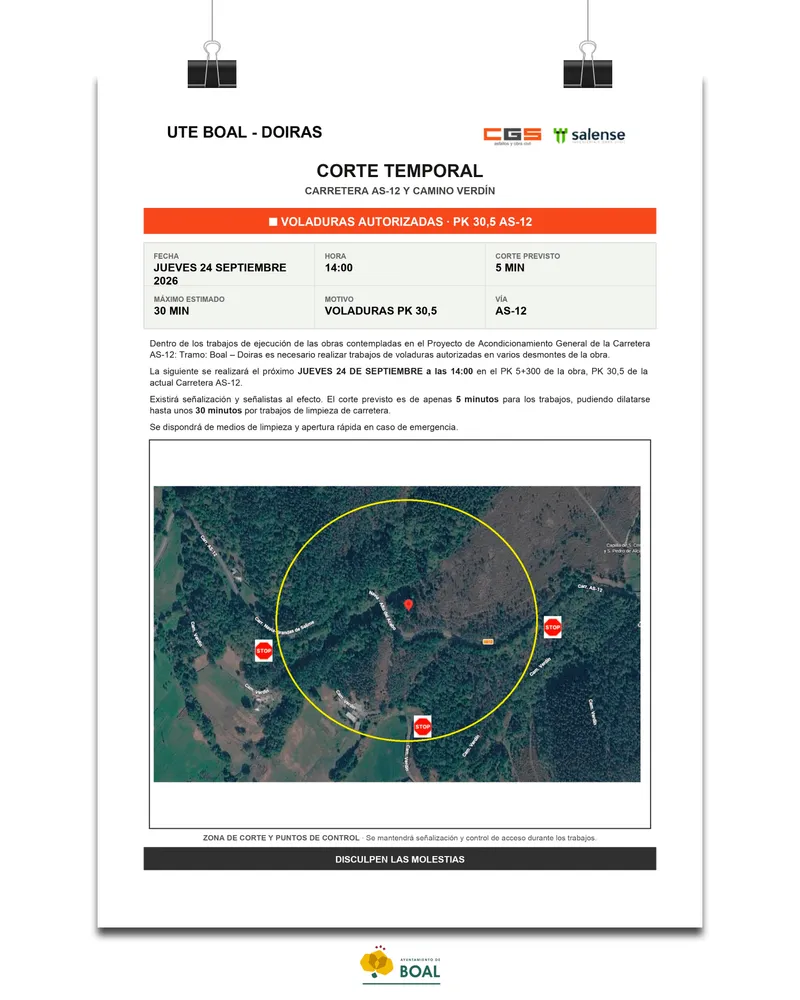 Corte de tráfico en la AS-12 por voladuras este jueves en Boal