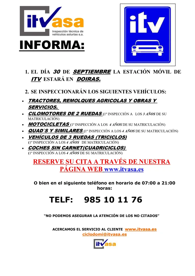 La ITV móvil regresa a Boal y Doiras para inspecciones agrícolas y de ciclomotores