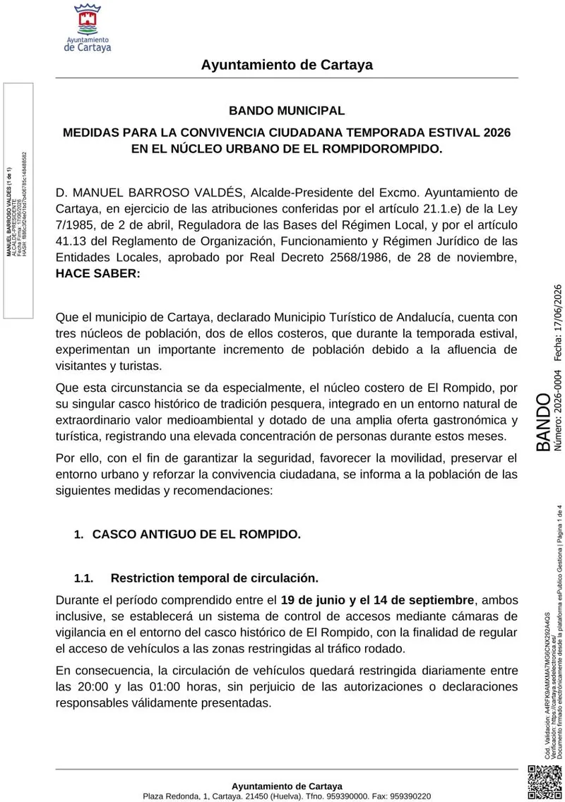 Restricciones de tráfico y horarios para la recogida de residuos en El Rompido este verano