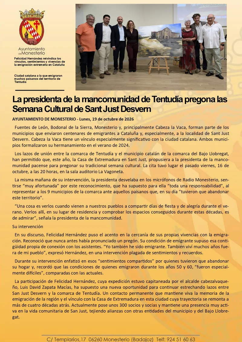 La presidenta de la Mancomunidad de Tentudía inaugura la Semana Cultural de Sant Just Desvern