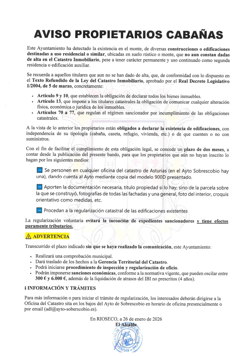Sobrescobio insta a regularizar catastralmente construcciones ilegales en suelo rústico