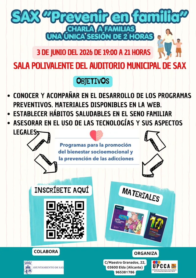 Sax organiza una charla gratuita para familias sobre prevención de adicciones