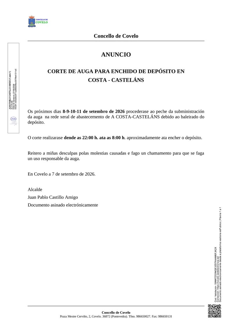 Corte de suministro de agua en A Costa - Casteláns del 8 al 11 de septiembre