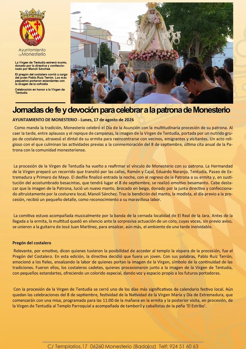Monesterio celebra sus fiestas patronales con jornadas de fe y devoción