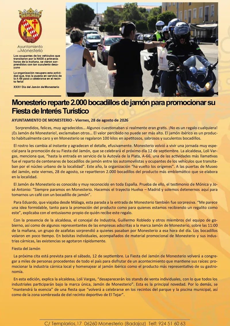 Monesterio reparte 2.000 bocadillos de jamón para promocionar su Fiesta de Interés Turístico