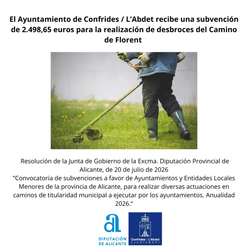 Subvención de 2.498 € para desbroces en el Camino de Florent de Confrides