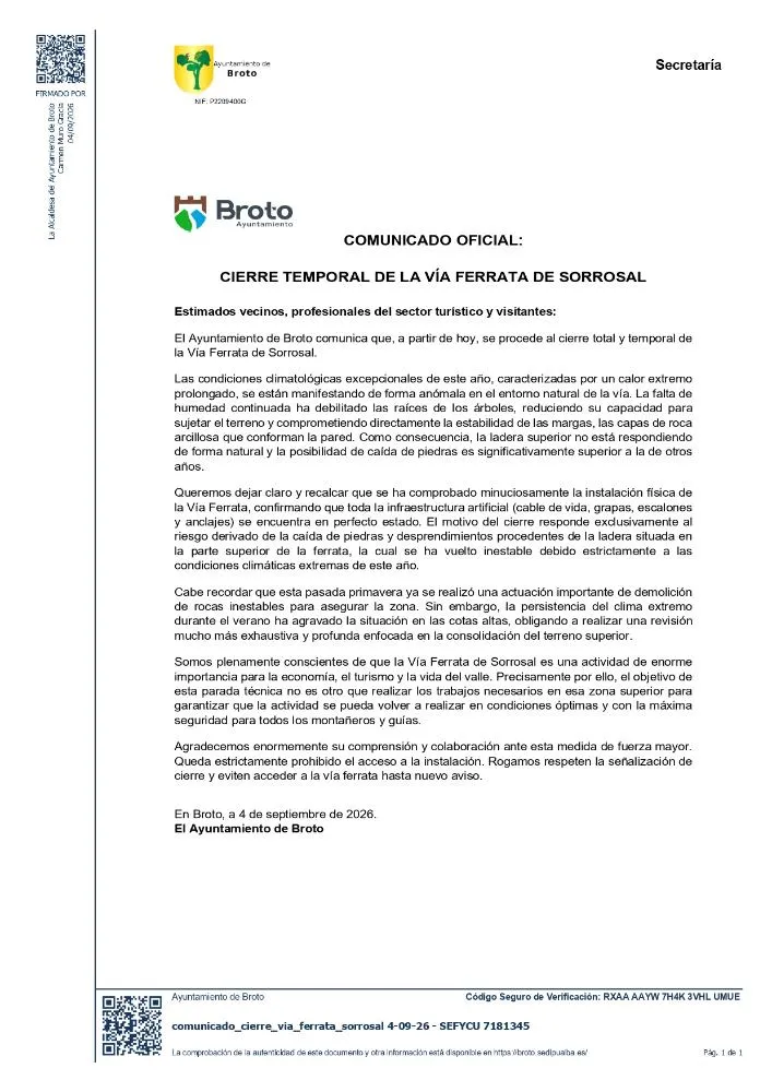 Broto cierra la Vía Ferrata de Sorrosal por riesgo de desprendimientos debido al calor