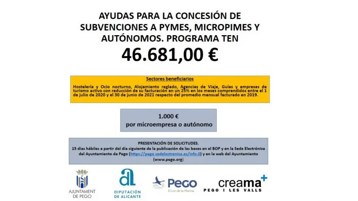 Pego abre la convocatoria de ayudas TINGUES 2021 para hostelería y turismo