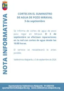 Cortes de agua de pozo en Miraval este 3 de septiembre por reparaciones
