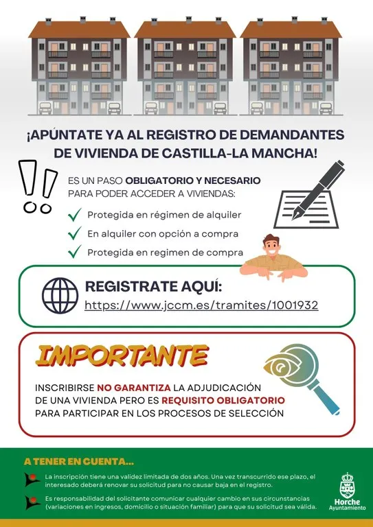 Horche informa sobre el registro obligatorio para acceder a viviendas públicas en Castilla-La Mancha