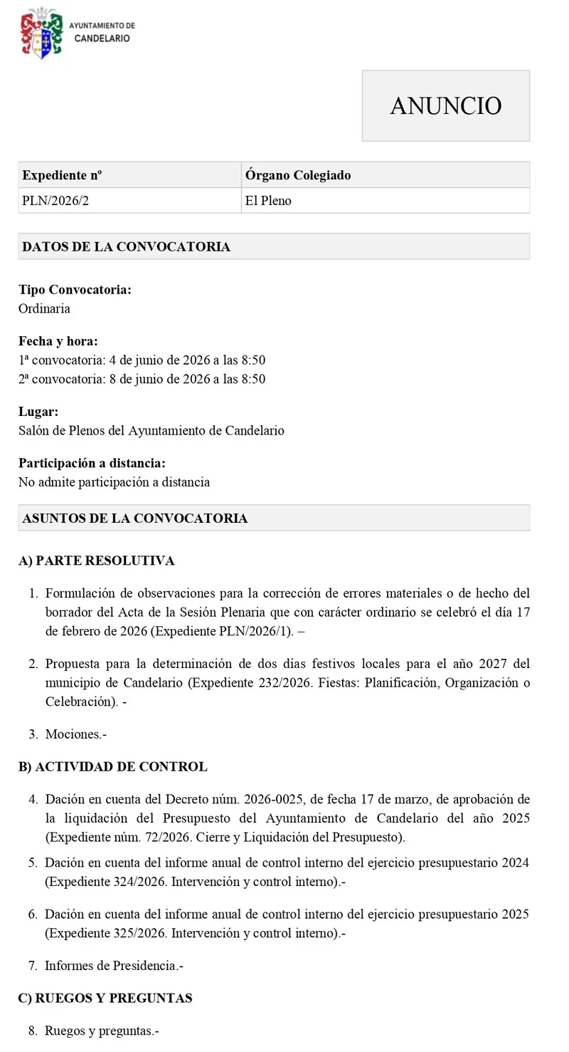 Candelario convoca pleno ordinario para el 4 de junio