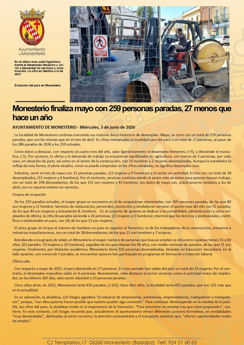 Monesterio reduce el desempleo en 27 personas en mayo