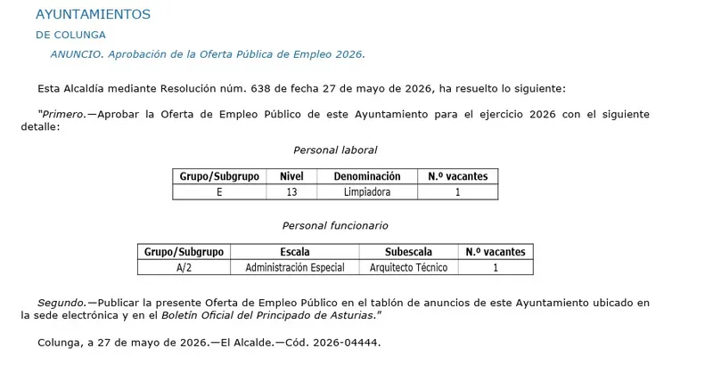 Colunga aprueba la Oferta de Empleo Público para 2026