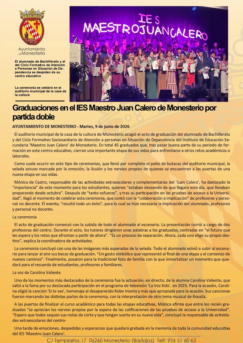 El IES Maestro Juan Calero de Monesterio celebra dos actos de graduación
