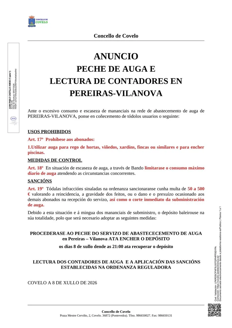 Corte de suministro de agua en Pereiras-Vilanova por consumo excesivo