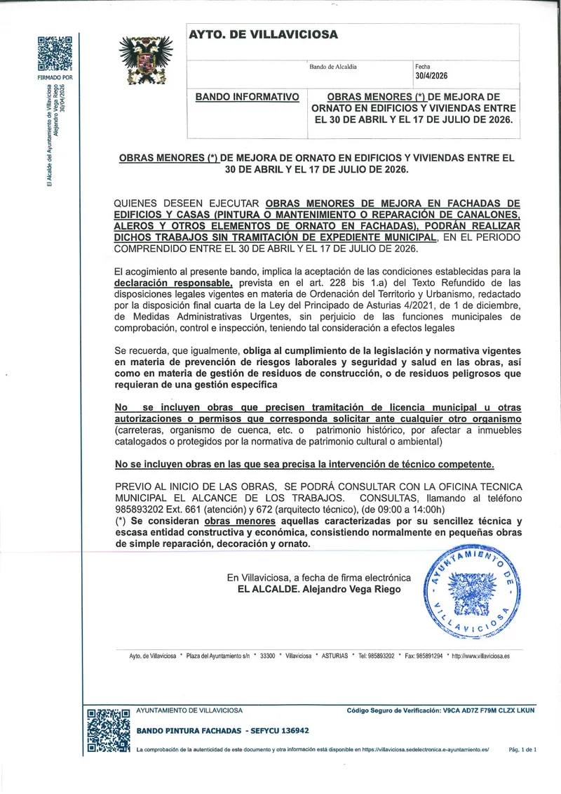 Villaviciosa regula las obras menores de mejora en edificios hasta el 17 de julio