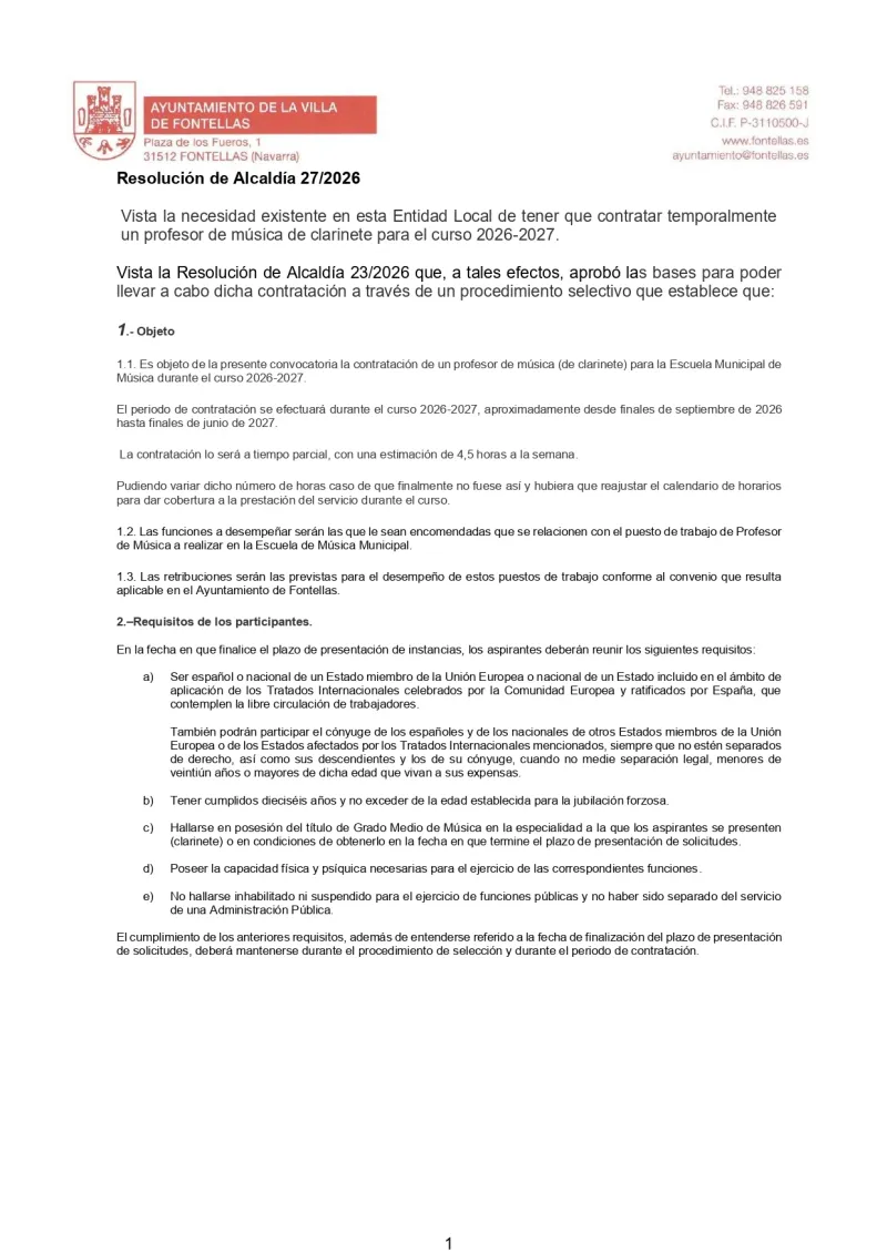 Fontellas busca profesor de clarinete para el curso 2026-2027