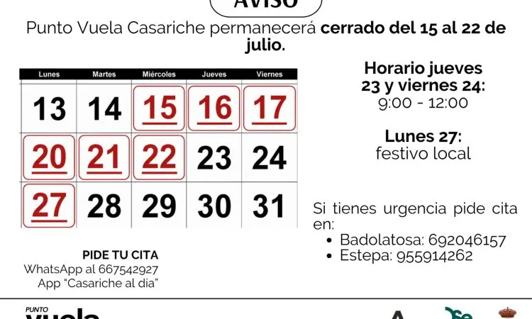 Corte temporal del Punto Vuela de Casariche por vacaciones y festivo local