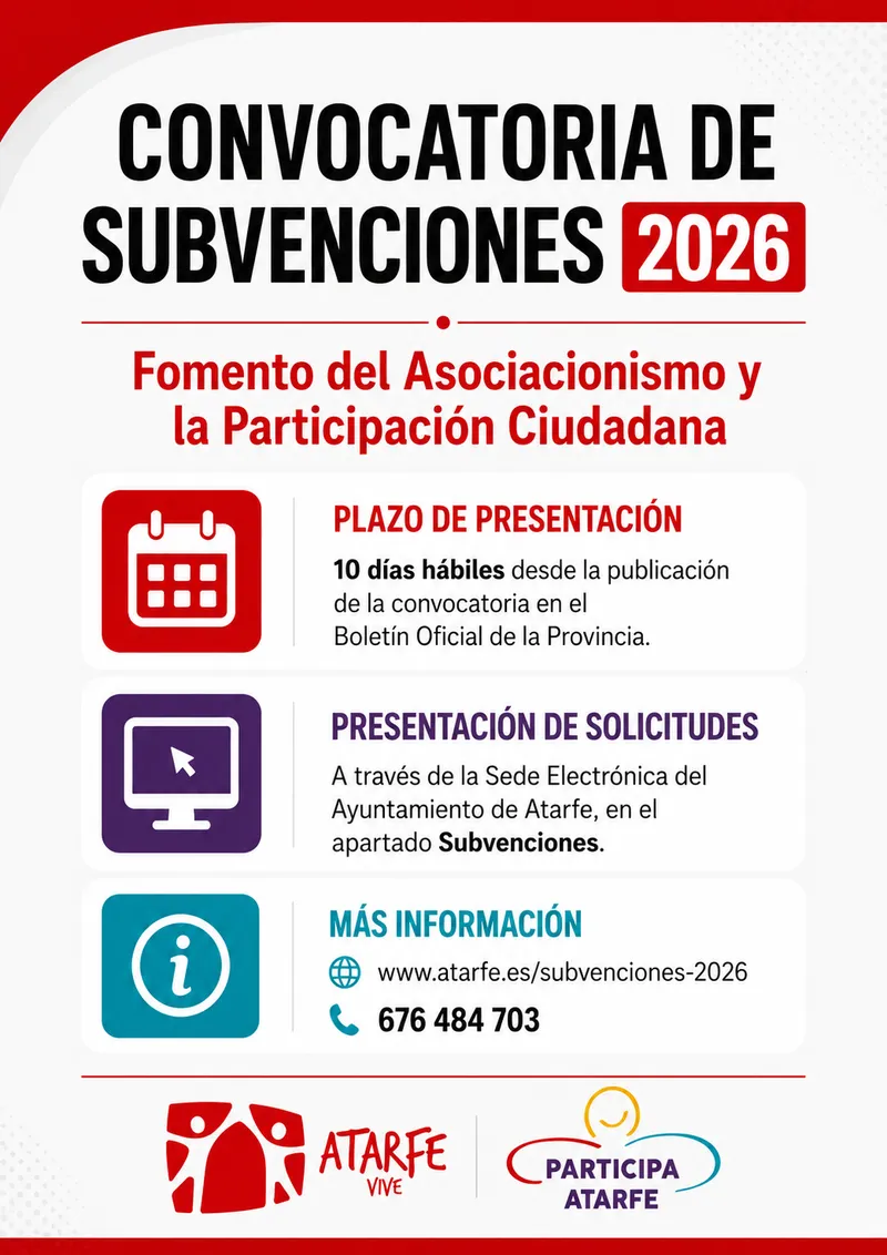 Atarfe abre el plazo para subvenciones de asociacionismo y participación ciudadana