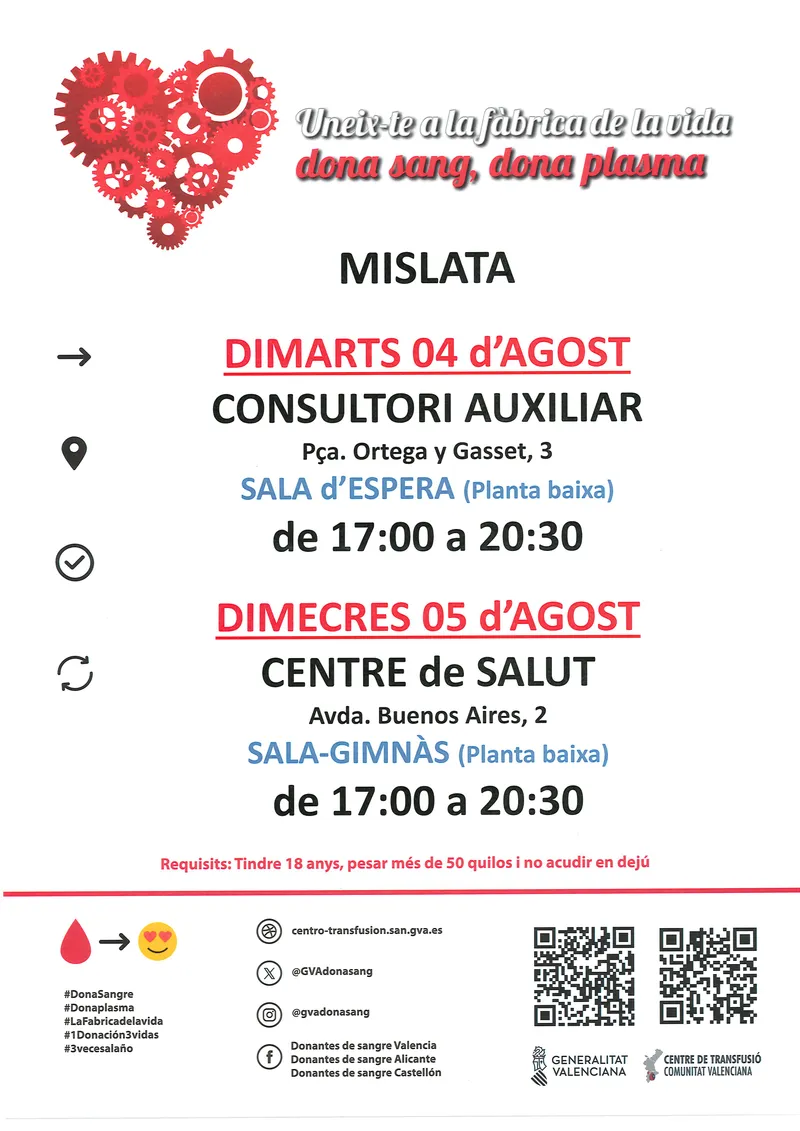Mislata organiza colectas de sangre para garantizar el suministro hospitalario en agosto