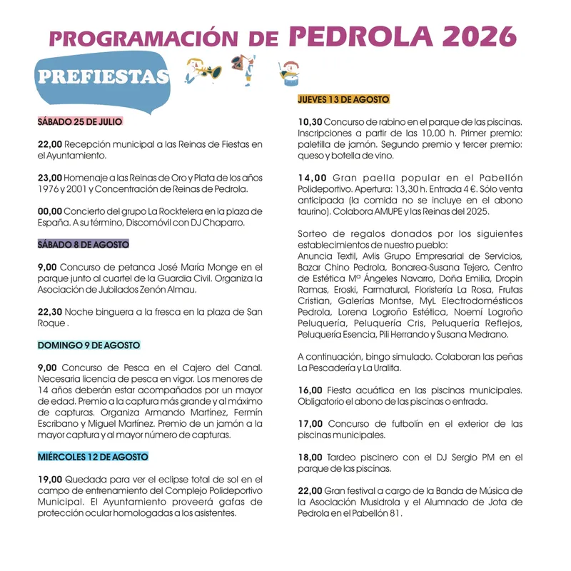Pedrola presenta el programa de Fiestas de San Roque 2026 con novedades y actividades para todos