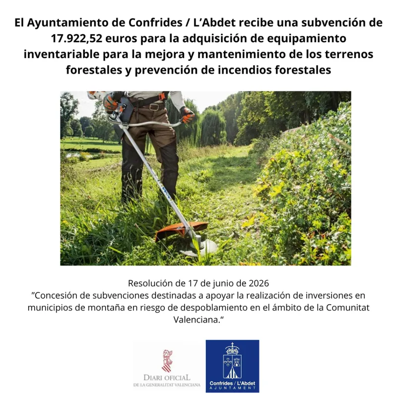 Confrides recibe 17.922 euros de la Generalitat para mejorar la prevención de incendios forestales