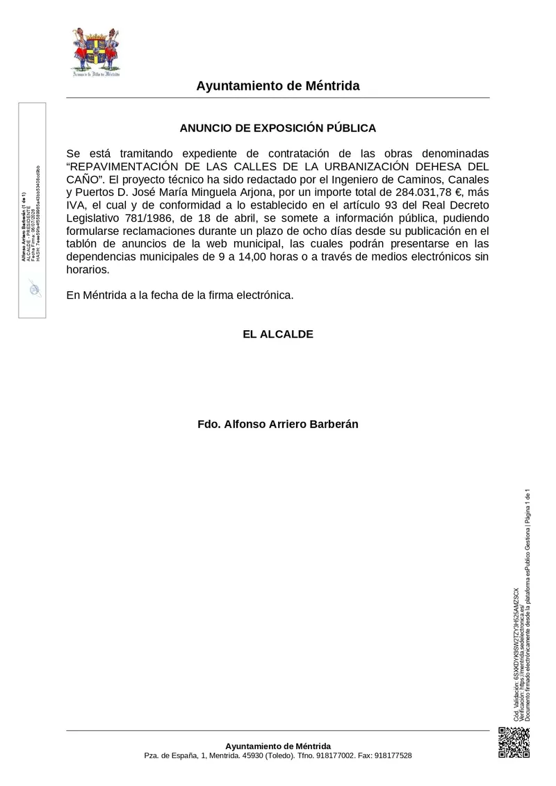 Méntrida inicia la exposición pública del proyecto de repavimentación de la urbanización Dehesa del Caño