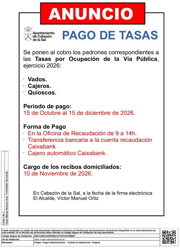Cabezón de la Sal abre el plazo para el pago de la tasa de venta ambulante del último trimestre